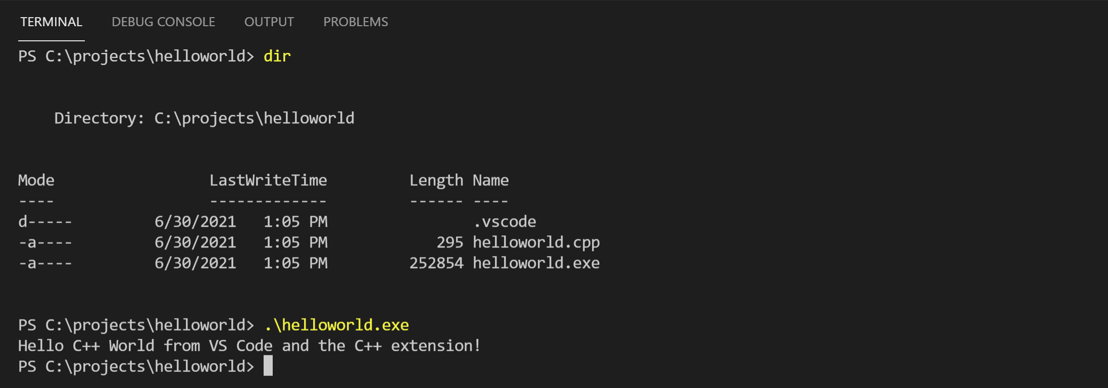 PowerShell 终端中的 Hello World