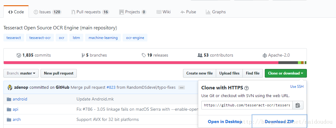 选择download zip即可下载最新版本的tesseract源代码