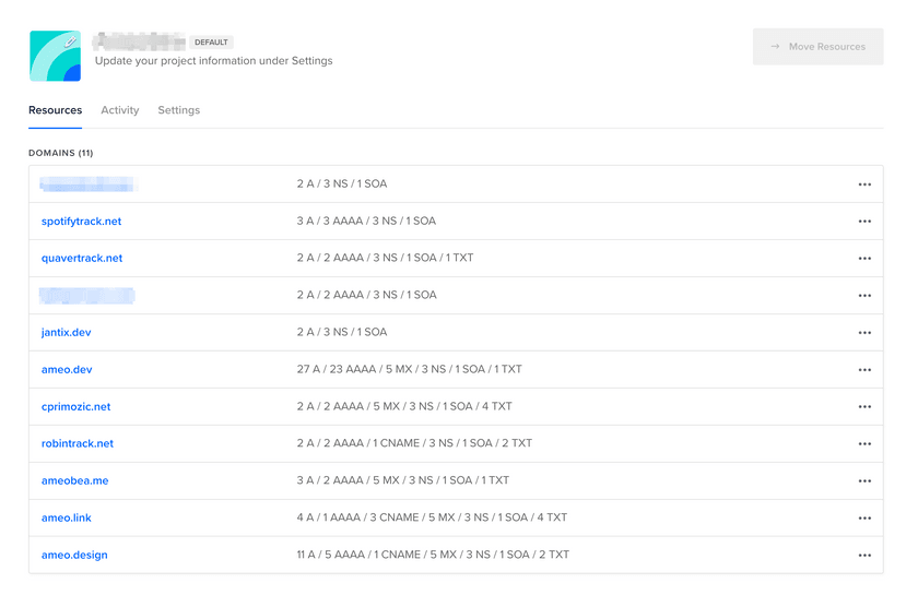 我的站点的 DigitalOcean DNS 概述页面的屏幕截图，显示站点名称和配置记录的数量及其类型
