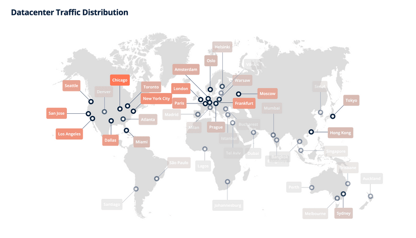 一张显示通过 Bunny CDN 到我的服务器的全球流量分布的地图