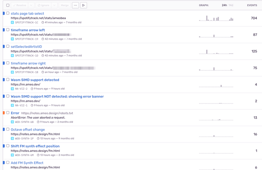 我的自托管哨兵主页的屏幕截图，显示了来自我所有网站的 JS 错误和事件汇总到一个视图中" title="我的自托管哨兵主页的屏幕截图，显示了来自我所有网站的 JS 错误和事件汇总到一个视图中